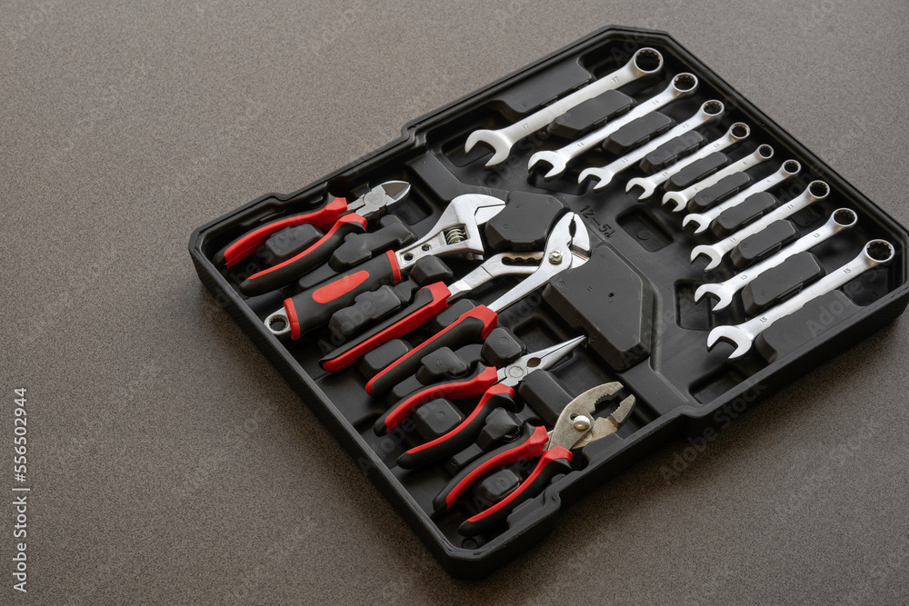 Toolbox Wrench car repair kit in toolbox hand tool set Inside the toolbox there are different types of wrenches. Toolbox Wrench car repair kit in toolbox hand tool set Inside the toolbox there are different types of wrenches.