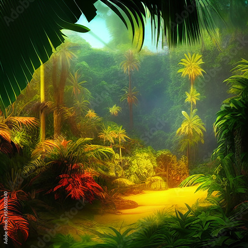 tropical jungle with palm trees - generative ai illustration
