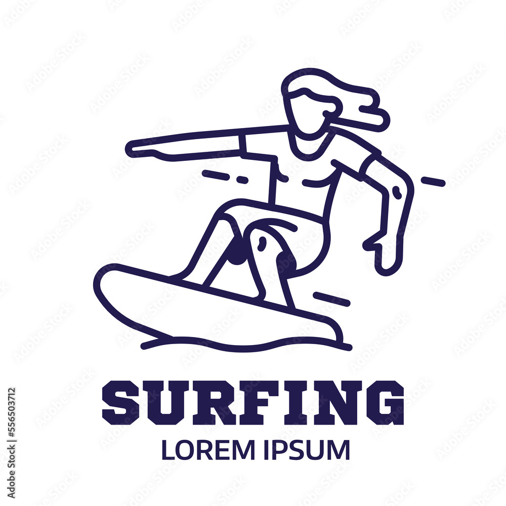 Surfer Man on Surfing Board Icon in Line Art