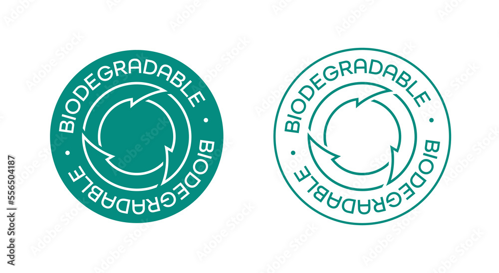 Obraz premium Biodegradable material, environmentally friendly. Green round sign with thin lines and font.