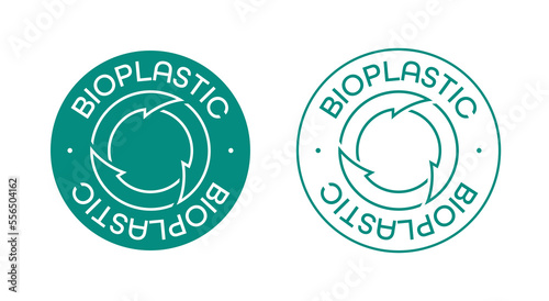 Bioplastic, bio plastic. Eco-friendly or biodegradable plastic. Round green sign with thin lines and font. photo