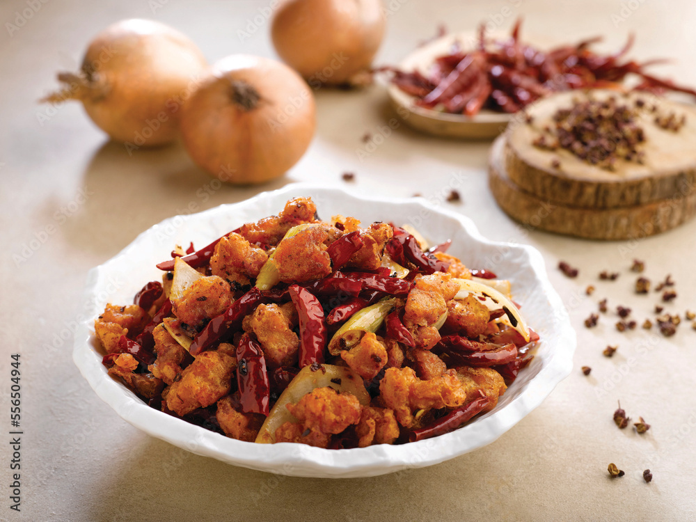 Deep-fried Szechuan Diced Chicken served dish isolated on background top view food Deep-fried Szechuan Diced Chicken served dish isolated on background top view food