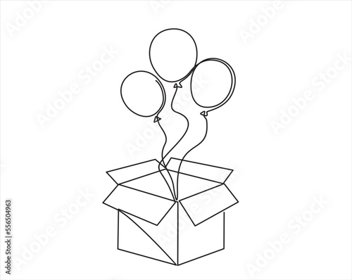 Continuous One line drawing of Birthday Open Gift box and Balloons inside. Festive present. Birthday celebration concept isolated on white background. Hand drawn design vector illustration