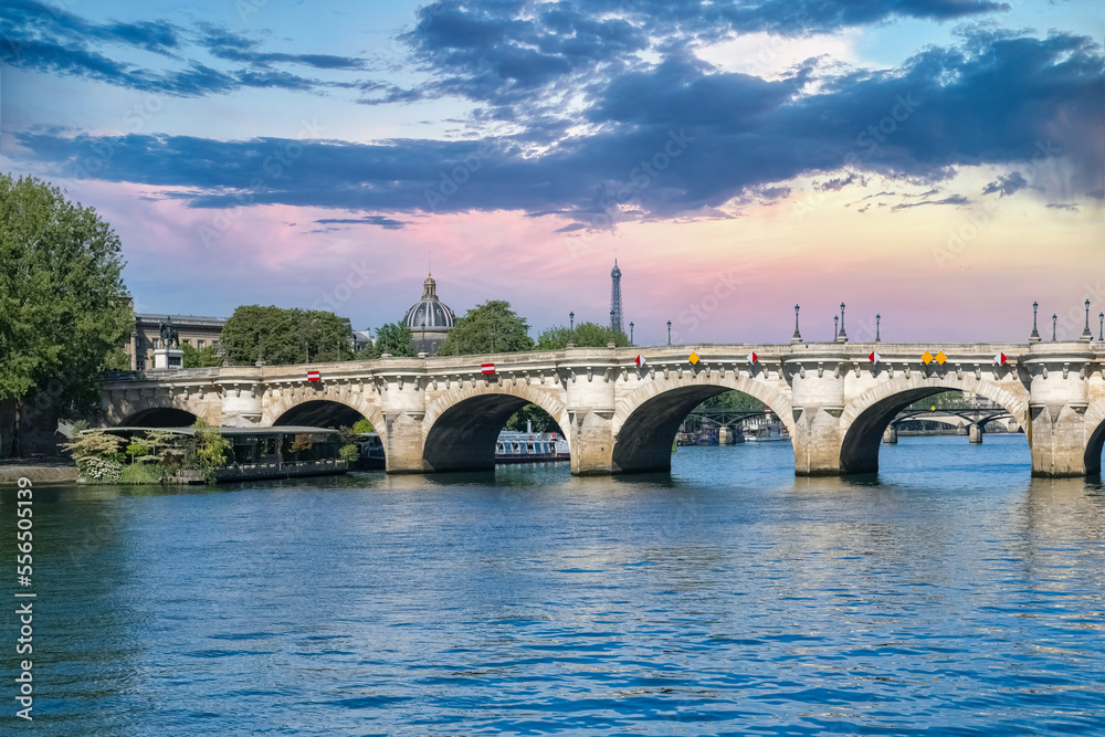 Paris, the Pont-Neuf on the Seine, typical view, with the dome of the Institut de France and the Eiffel Tower in background

