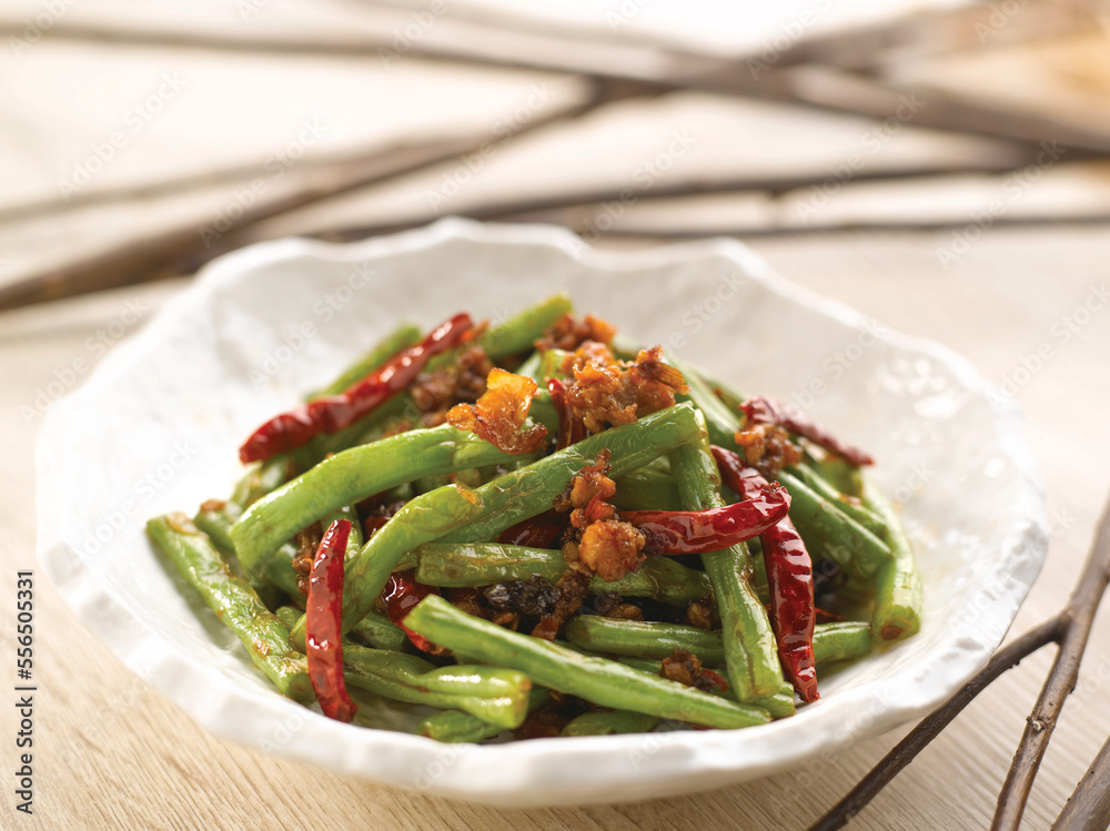 Sauteed French Bean with Minced Meat served dish isolated on background top view food