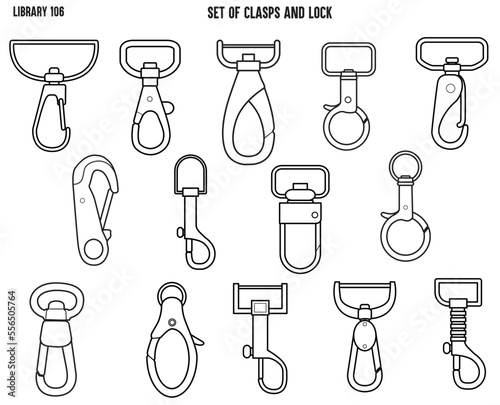 CLASPS, ACCESSSORIES FASTNERS  BAGS FASTNERS, BACKPACK FASTNERS AND LOCK FLAT SKETCH VECTOR ILLUSTRATION SET