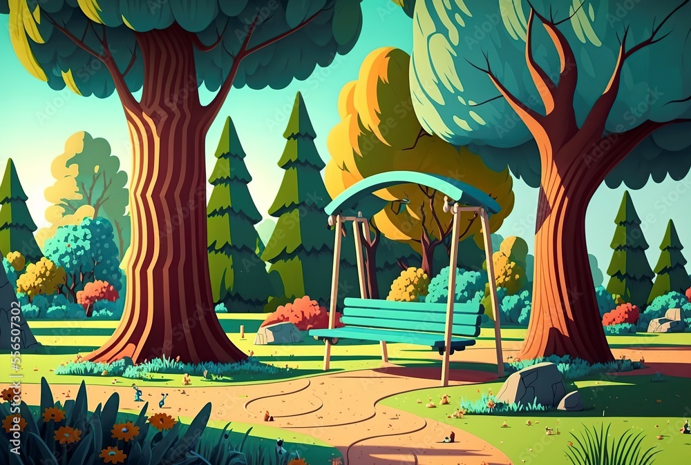 illustration of forest with path and playground, 3d illustration
