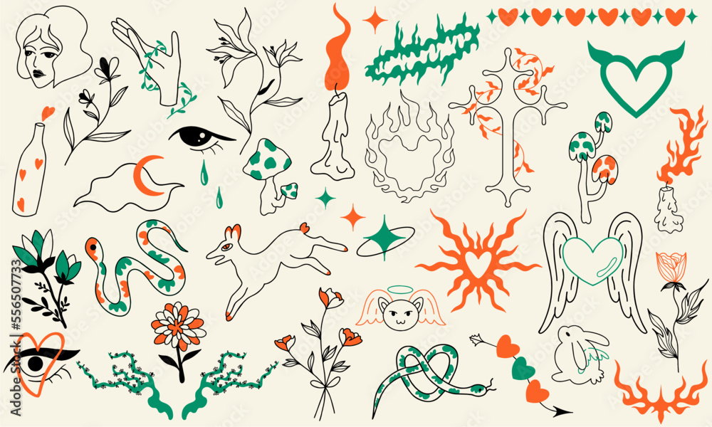 Linear set of fabulous stickers. Vector hand drawn sketch illustrations ...