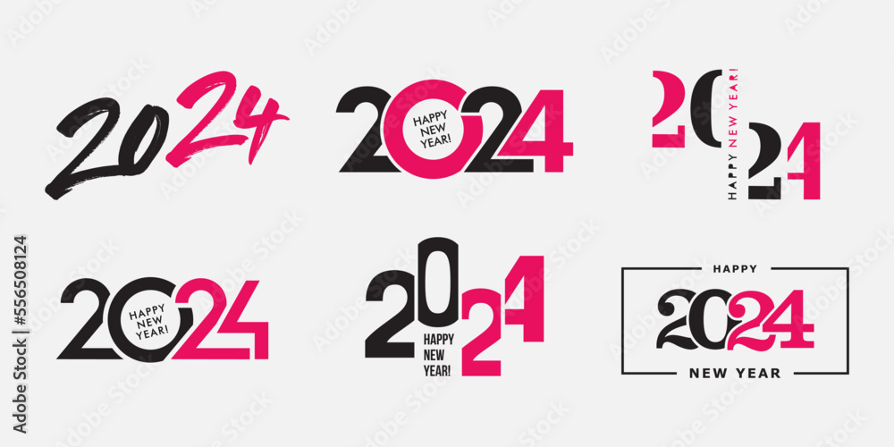 Vettoriale Stock Big Set of 2024 Happy New Year logo text design. 2024