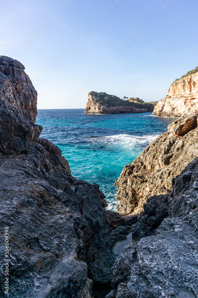 Coves, beaches and cliffs on the island of Majorca, Spain, Europe. Palma de Mallorca in the Mediterranean Sea.
