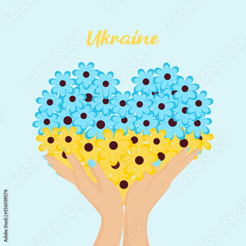 Hands hold a heart of flowers. Blue-yellow colors of the flag of Ukraine. No war, pray for Ukraine.