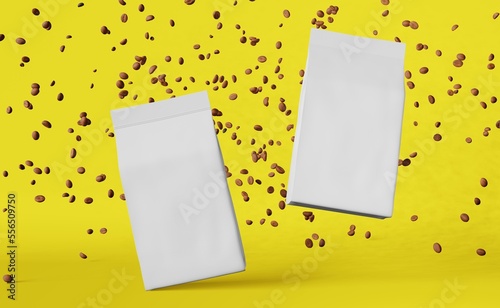 White matte pouch bags falling coffee beans 3D rendering modern yellow design. Merchandise packaging logo promo. Blank foil product pack levitating template. Coffee shop sale discount demonstration.