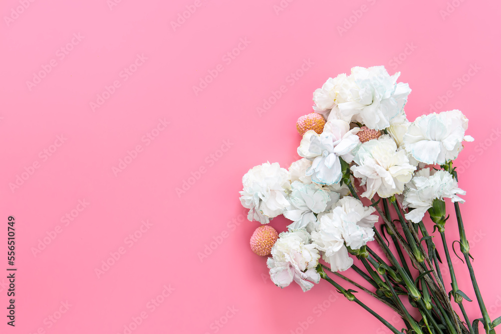 Bouquet of white carnations on a pink background isolated, flat lay.
