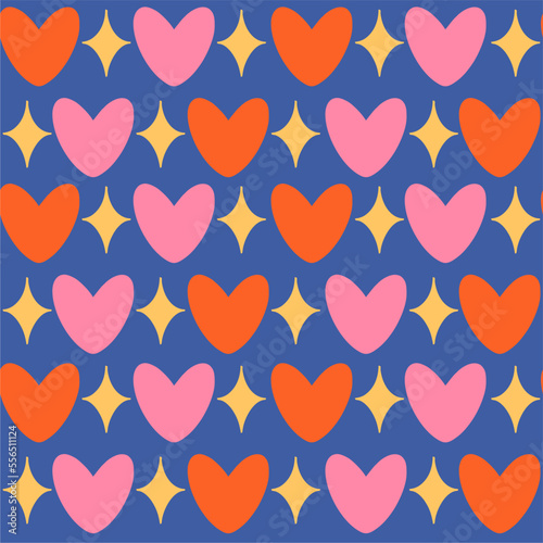 Bright seamless background of hearts and stars. Love vector pattern.