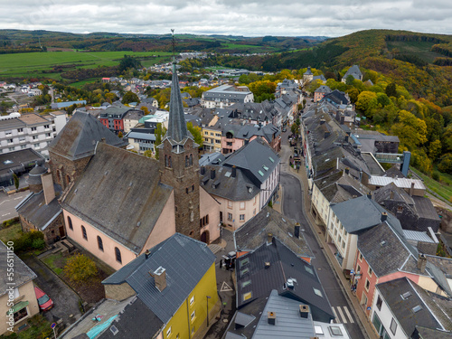 Aerial Drone Shot in Wiltz Luxembourg. View on a Castle at cloudy autumn day in Wiltz photo