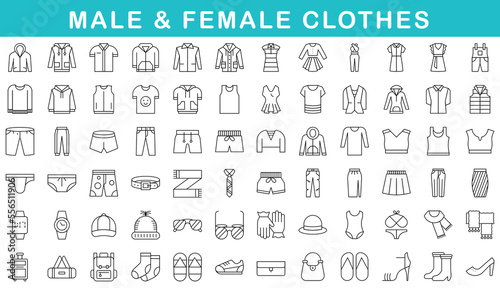 Clothes thin line icons set. Fashion icons. Dress, skirt, shirt, outerwear, pants, lingerie, bra, shoes, accessories. Lines with editable stroke