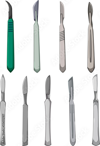 scalpel surgery set cartoon. medical operation, health knife, tool blade, metal cut, hospital scalpel surgery vector illustration