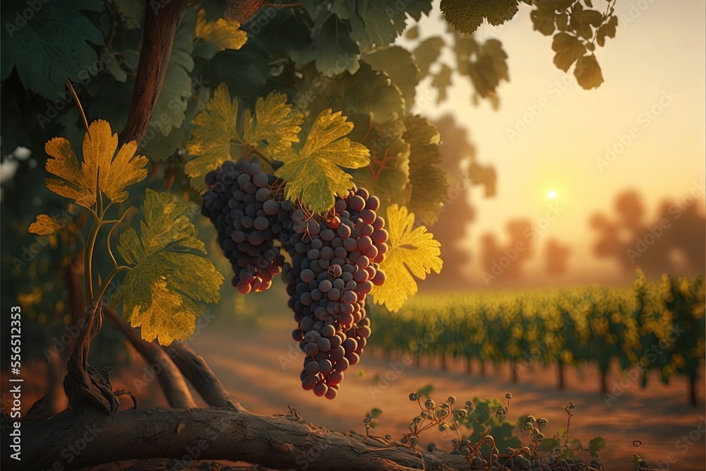 a painting of a bunch of grapes hanging from a tree branch in a vineyard at sunset or dawn with the sun setting. Generative AI - obrazy, fototapety, plakaty 