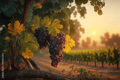 Fotografie, Tablou a painting of a bunch of grapes hanging from a tree branch in a vineyard at sunset or dawn with the sun setting