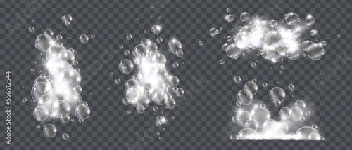Soap foam bubbles, vector isolated shampoo suds, 3D white bath cloud set, realistic laundry texture. Shower cream, cosmetic froth collection detergent on transparent background. Soap foam illustration