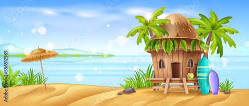 Beach hut, bamboo vector shack, tiki Hawaiian house, summer cartoon island bungalow, tropical ocean. Palm tree leaf, surfboard, sun umbrella, exotic vacation landscape. Caribbean beach hut banner