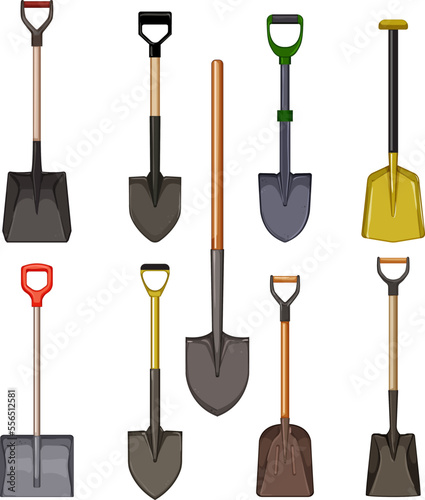 shovel tool set cartoon. work gardening, agriculture garden, spade equipment, dig farm, steel shovel tool vector illustration photo