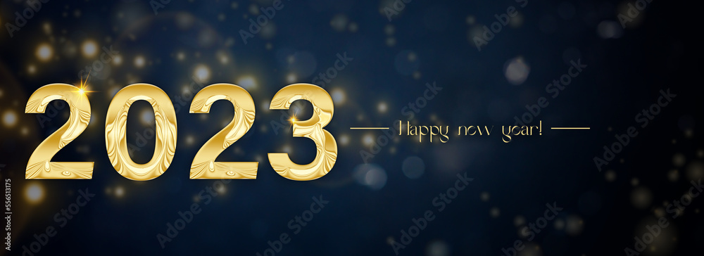 Banner Happy New Year 2023 con letras doradas sobre fondo azul horizontal Banner Happy New Year 2023 con letras doradas sobre fondo azul horizontal