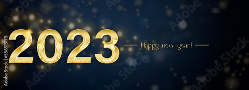 Banner Happy New Year 2023 con letras doradas sobre fondo azul horizontal 