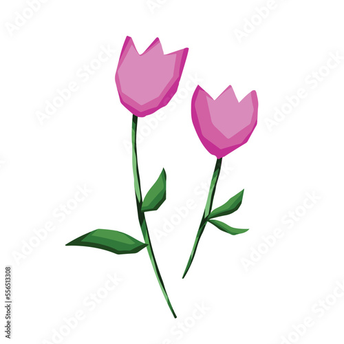 Pink simple tulip double flower vector illustration isolated on white background. Cartoon nature themed art style with simple and flat colors.