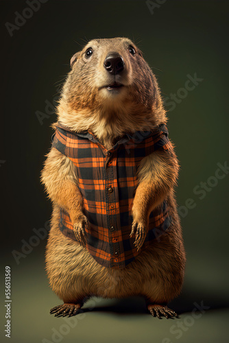 Fotografiet Plaid Shirt-Wearing Groundhog Who's All About Kindness, a Caring and Thoughtful Critter Who Spreads Joy and Positivity Everywhere He Goes