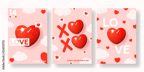 Set of Valentine s Day posters. Vector illustration with template of modern mixed style flyers with 3d and 2d elements. Collection of greeting cards, posters and holiday covers.