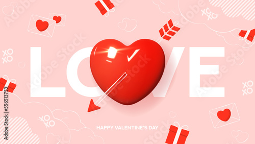 Valentine s Day holiday banner. Modern mixed style vector illustration with 3d and 2d elements. Realistic 3d heart with hand drawn cupid arrow, clouds, gift boxes and envelopes. Valentine s Day card. photo