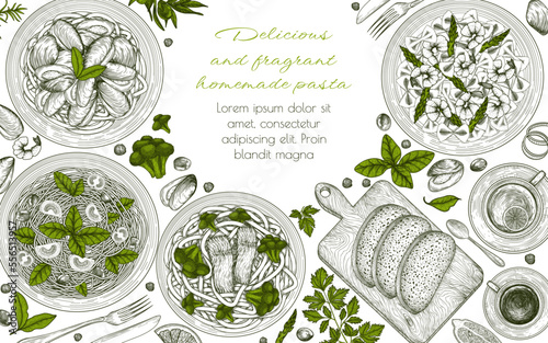 Vector illustration of 4 different pastas. Tagliatelle with salmon and broccoli, farfalle with shrimps and asparagus, spaghetti with tomatoes, basil and olives, fettuccine with mussels