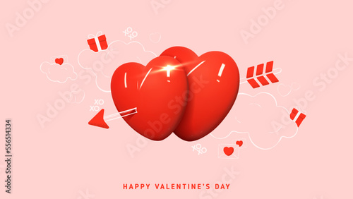 Valentine's Day holiday card. Modern mixed style vector illustration with 3d and 2d elements. Realistic 3d couple of heart with hand drawn cupid arrow, clouds, gift boxes and envelopes.