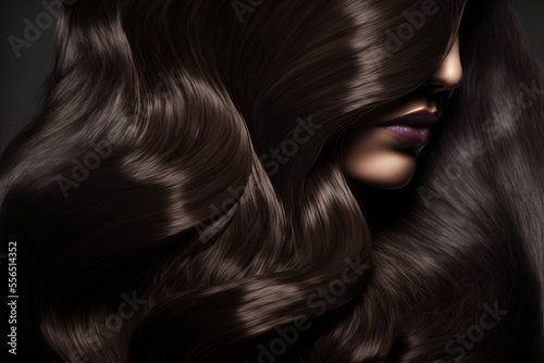 Brunette woman with beautiful shiny black hair, closeup. Generative AI