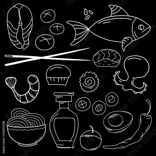 Asiatisches Essen Sushi Ramen Meeresfrüchte Vektor Set