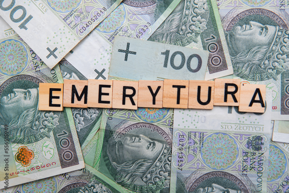 Inscription Emerytura next to polish money. Concept showing retirement in Poland Inscription Emerytura next to polish money. Concept showing retirement in Poland