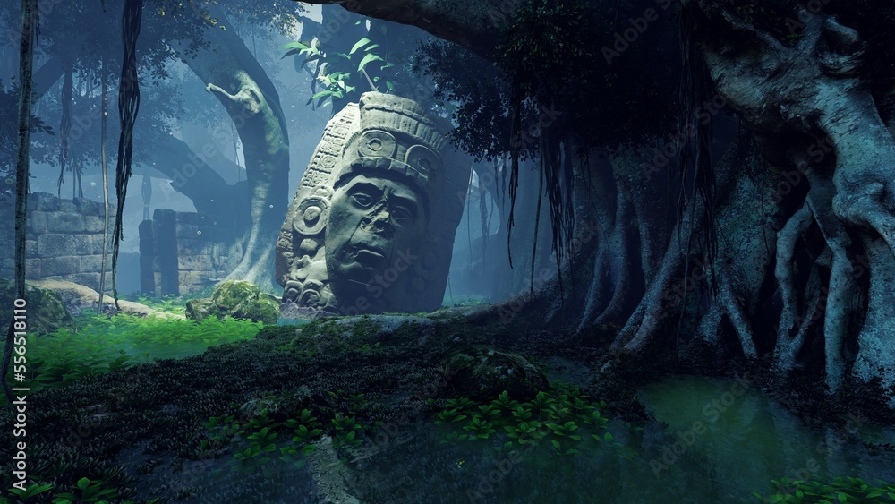 Sculpture of an ancient civilization in the tropic forest