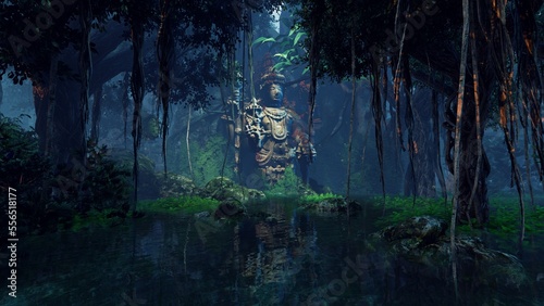Fototapeta Naklejka Na Ścianę i Meble -  Indian god sculpture in tropical jungle