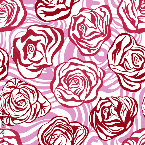 Simple line art abstract seamless pattern, line wavy graphic rose in trendy viva magenta color