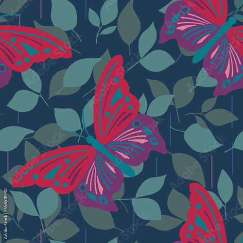 Vector seamless pattern big butterfly viva magenta trendy color on dark background