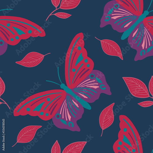 Vector seamless pattern color butterfly magenta color on dark background wiyh violet leaves