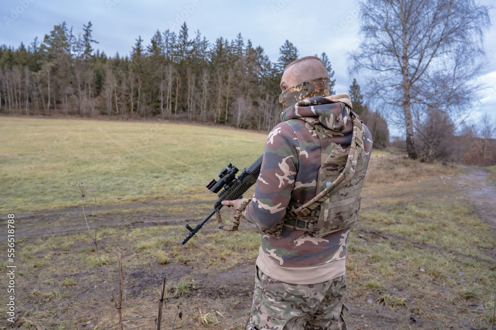 Member of the International Legion patrols. The war in Ukraine.Army soldier Patrolled the front line Member of the International Legion patrols. The war in Ukraine.Army soldier Patrolled the front line