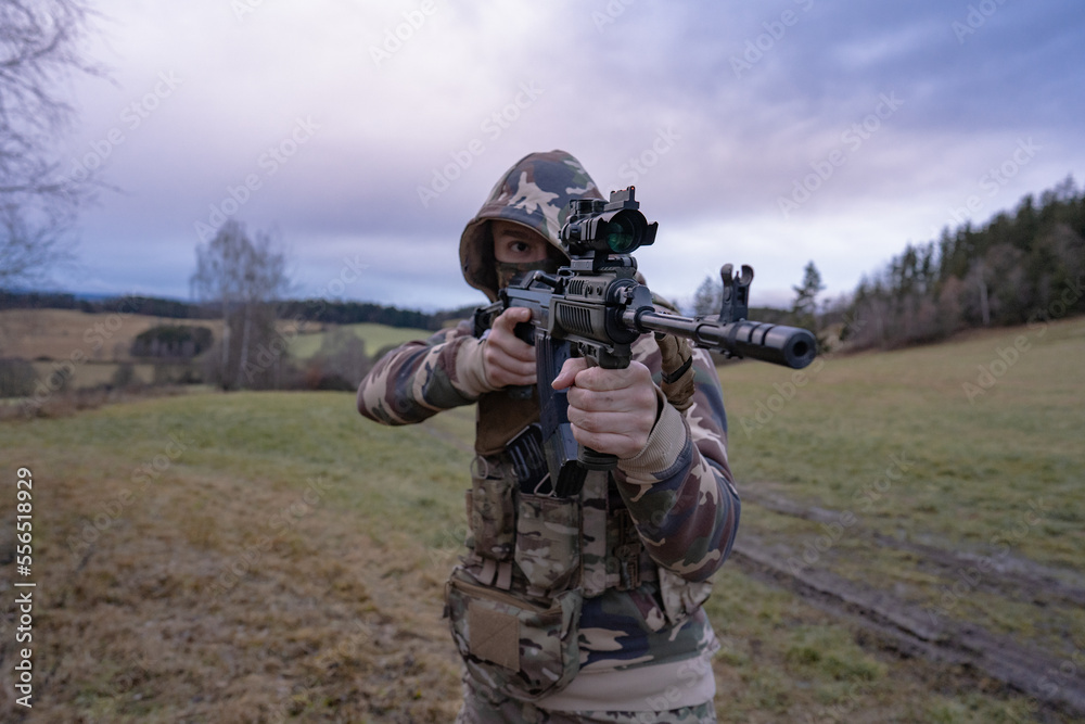 Member of the International Legion patrols. The war in Ukraine. Army soldier Patrolled the front line.