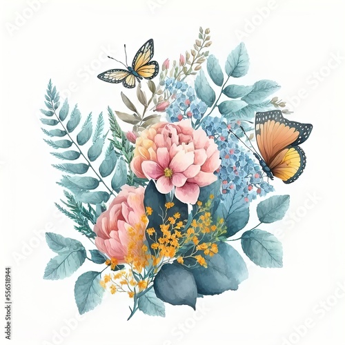 Watercolor flower bouquet. Pattern of decorative elements. Flat cartoon isolated on white background. AI