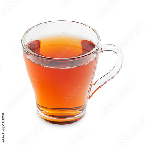 Hot natural antioxidant herbal tea aromatic beverage prepared by pouring hot or boiling water over cured or fresh leaves served in transparent glass cup isolated on white background