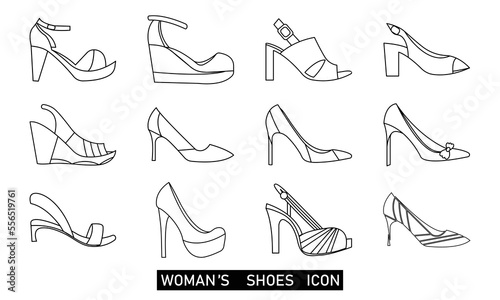Woman shoe line icon set. Simple outline signs for fashion.  