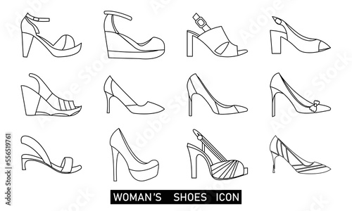 Woman shoe line icon set. Simple outline signs for fashion. 
