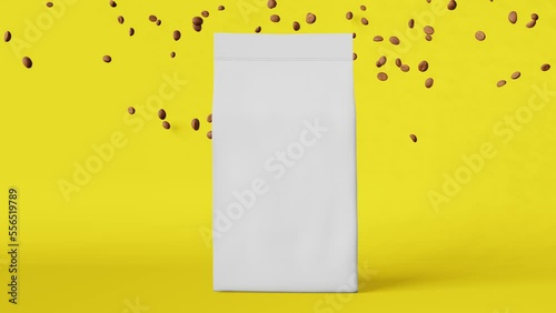 White matte pouch bags falling coffee beans 3D animation motion yellow design 4K. Merchandise packaging logo promo. Blank foil product pack levitating template. Coffee shop sale discount demonstration