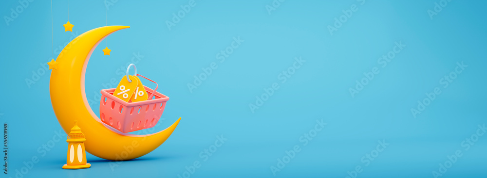 3d golden crescent moon symbol with hanging discount coupons, stars, Islamic lantern and red basket shopping. Yellow moon with light and shadow for muslim holiday on turquoise background. 3d rendering 3d golden crescent moon symbol with hanging discount coupons, stars, Islamic lantern and red basket shopping. Yellow moon with light and shadow for muslim holiday on turquoise background. 3d rendering